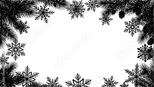 Black silhouette snowflakes and pine branches frame with copyspace, festive winter holiday and seasonal decoration. white background black colored sillhouette vector