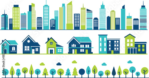 Modern city skyline, suburban houses, residential buildings, urban landscape, colorful architecture, eco-friendly trees, neighborhood illustration, contemporary design elements, cityscape 