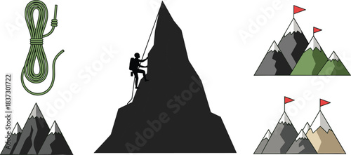 Mountain climbing silhouette illustration, adventure mountaineering icons, rope equipment, peak symbols, outdoor expedition graphics, hiking challenge elements, alpine landscape set, extreme