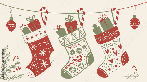 Stunning trio of vintage holiday stockings overflowing with festive gifts hanging by candy canes and ornaments
