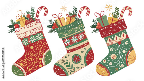 Three charming, vintage style Christmas stockings overflowing with festive gifts and candy canes for holiday cheer