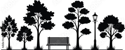 Park scene silhouette, black and white nature icon, trees, bench, street lamp, grass tufts, tranquil outdoor environment concept art