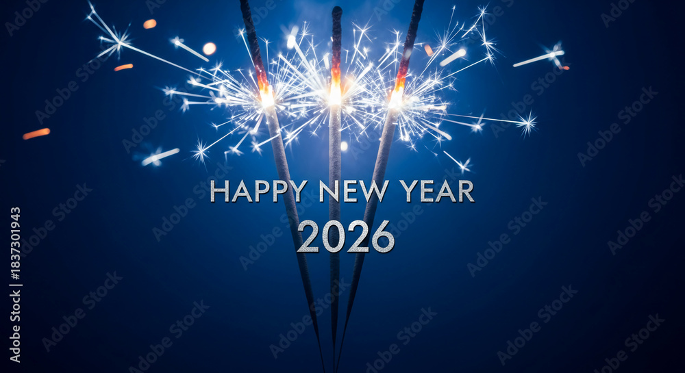 Obraz premium Image of sparkler with bright sparkles, displaying Happy New Year 2026 text against blue background, representing celebration, festive time and joyous mood