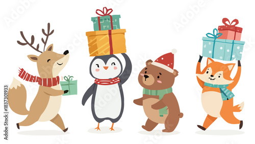 Adorable cartoon woodland animals happily carrying colorful stacked holiday gifts in a festive procession