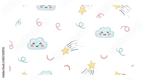 Dreamy Cloud Pattern: A charming illustration depicts a whimsical pattern of smiling clouds, twinkling stars, and playful spirals, evoking a sense of joy, fantasy, and innocent beauty.