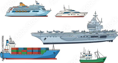 Stylized ship illustration set, maritime transport types, cruise, yacht, aircraft carrier, cargo, fishing boat, black and white nautical concept art