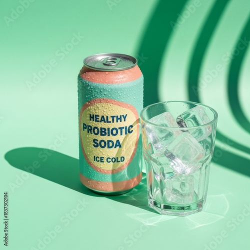 Wallpaper Mural Retro-style can of healthy probiotic soda with condensation and a glass of ice. Torontodigital.ca