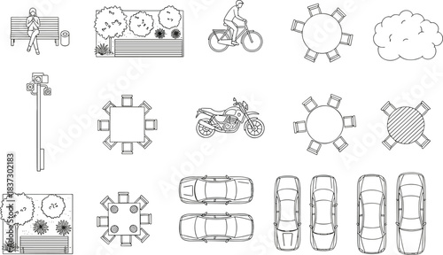 Top view icons, urban elements, street furniture, outdoor benches, round tables, city planning symbols, car silhouettes, bike rider, motorcycle, landscape illustration