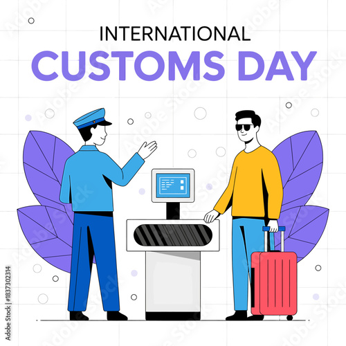 International customs day illustration celebrating border security and travel with a customs officer and traveler at a checkpoint