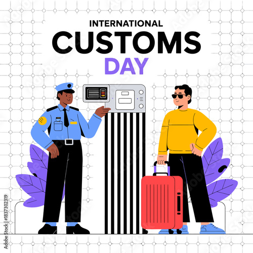 Celebrating international customs day with a border control officer and a traveler at a checkpoint with luggage