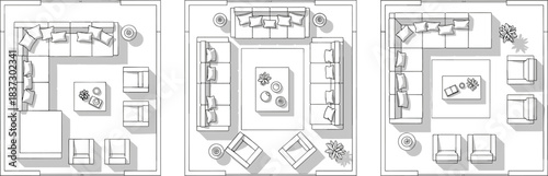 Top view living room layout, furniture arrangement ideas, sectional sofa, armchairs, coffee table decor, interior design planning, home space optimization