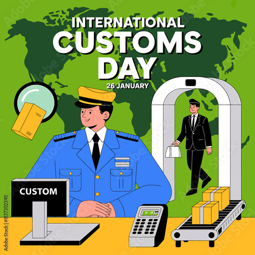 International customs day celebrated with customs officer inspecting luggage and cargo at border security checkpoint