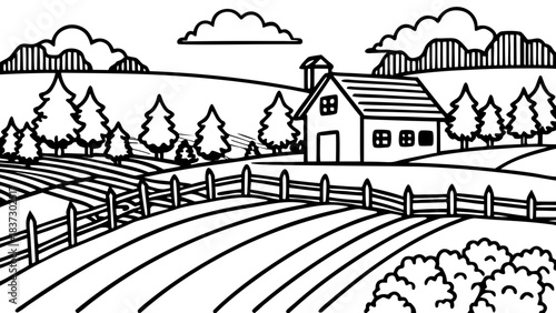 Very beautiful rural farm scene drawn in clean vector lines, featuring open fields, wooden fences, and soft rolling terrain. A calm countryside illustration capturing rustic charm and peaceful agricul