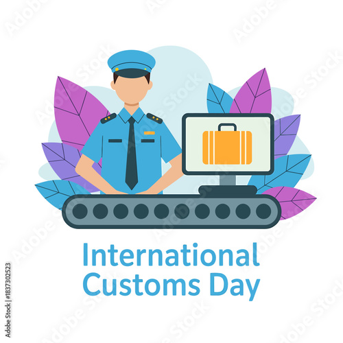 International customs day concept with a customs officer overseeing baggage screening, symbolizing global trade, border security, and travel regulations.