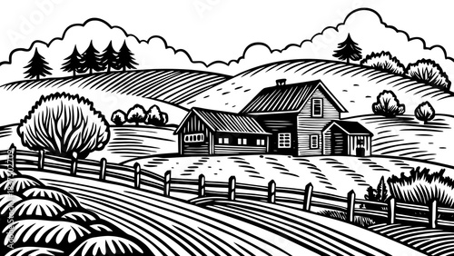 Very beautiful rural farm scene drawn in clean vector lines, featuring open fields, wooden fences, and soft rolling terrain. A calm countryside illustration capturing rustic charm and peaceful agricul