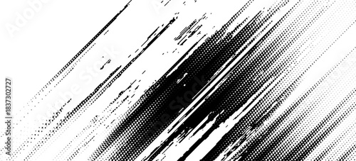 Grunge line abstract halftone background with dots. Black and white pop art pattern in comic style. Retro striped texture. Monochrome gradation effect. Dotted halftone gradient texture.