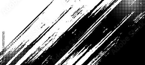 Grunge line abstract halftone background with dots. Black and white pop art pattern in comic style. Retro striped texture. Monochrome gradation effect. Dotted halftone gradient texture.