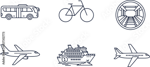 Transportation icon set with bus, bicycle, subway tunnel, airplane, and cruise ship in clean modern line art style for travel and mobility illustrations