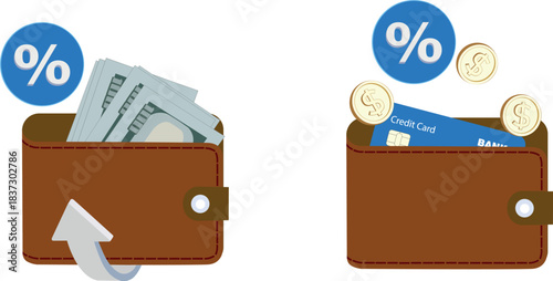 Two vector images with wallets, credit card, coins and percentage signs isolated on white background.