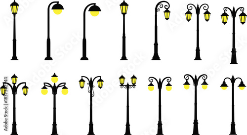 Vintage and modern street lamp post collection with glowing yellow lights, decorative outdoor lighting fixtures, urban streetlight designs and classic lantern silhouettes for city illumination