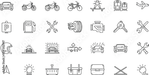Vehicle and transportation icon set with cars, bikes, tools, repair symbols, parking, fuel, engine, navigation, maintenance, mechanic equipment in clean modern line style