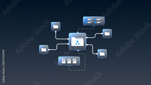 Management workflow digital file. management system network diagram with connected folders and data flow.