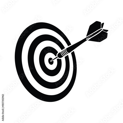 Black dart hitting bullseye on white target graphic game sport