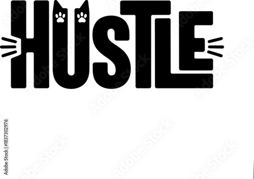 Black vector text hustle with cat ears and paw prints lettering typography