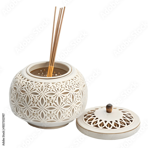 Ornate ceramic incense burner with sticks and lid, decorative