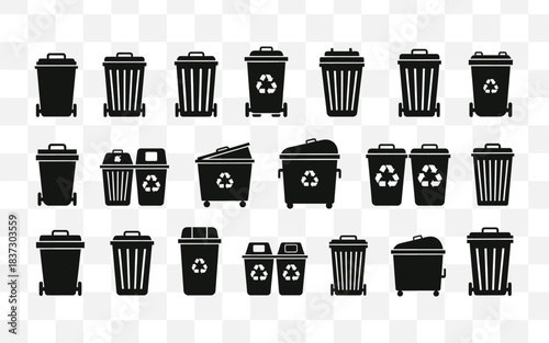 Collection of various black trash cans and recycling bins in a flat design style