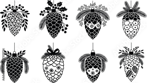 Christmas pine cone ornament collection with winter foliage and decorative elements, festive holiday vector design for seasonal artwork