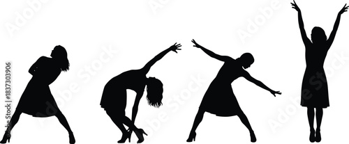 Woman dancing silhouette collection with expressive poses, elegant movement illustration for choreography, artistic performance and creative design