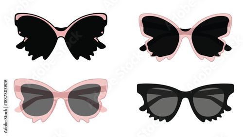 Four pairs of stylish sunglasses in black and pink tones displayed