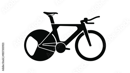 A sleek black and white silhouette of a time trial bicycle presented
