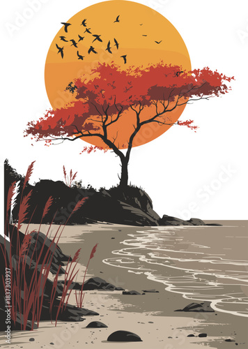 Sunset coastal landscape with silhouetted tree and birds — tranquil nature scene for artistic, seasonal, and meditative design themes
