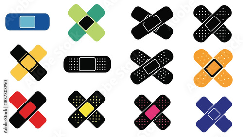 Colorful adhesive bandages and medical plasters in various designs and shades