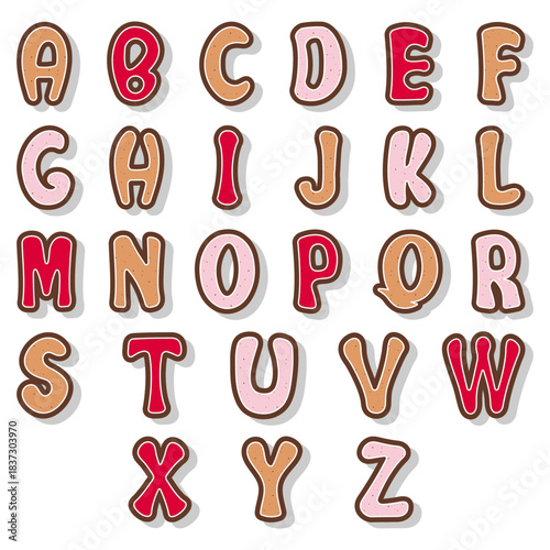 The full Latin alphabet in the form of gingerbread with icing. Pink, red and brown icing, chocolate edging, cookie texture.