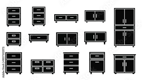 Collection of black and white illustrated cabinet and dresser furniture icons