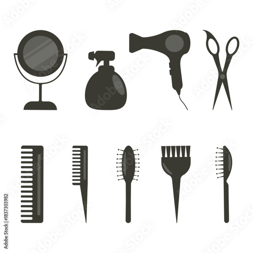 A set of hairdressing tool badges. Silhouettes of hairdressing equipment. Haircut accessories: scissors, comb, brush, hair dryer.