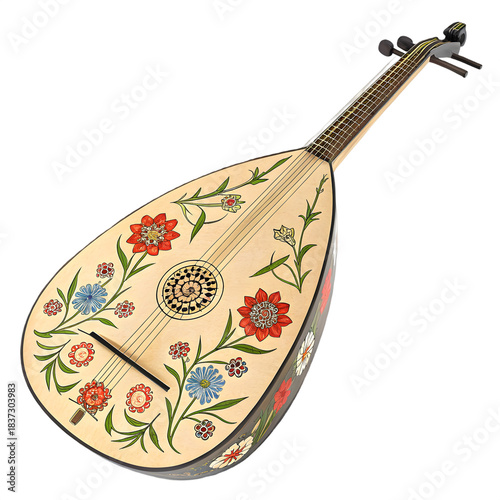 Traditional ornate oud with colorful floral patterns and rosette