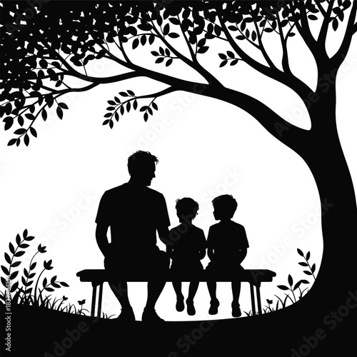 Father and two sons silhouetted under a large tree on a bench