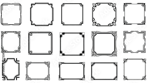 Collection of ornate black square frames and decorative borders displayed on white