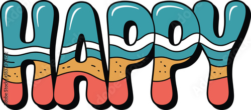 Colorful bubble letters spelling happy with wavy stripes and dots text lettering
