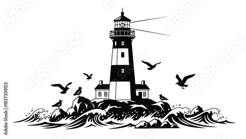 A classic black and white illustration of a lighthouse amidst stormy seas