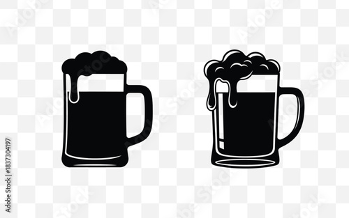Two overflowing mugs of dark beer isolated on a transparent background illustration