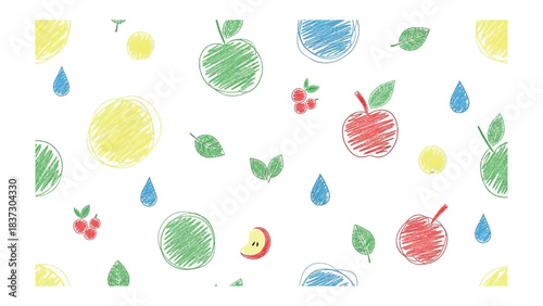 Colorful Apple Sketch: Playful and vibrant sketch-style pattern of apples, raindrops, leaves, and other colorful elements, evoking a sense of joy and artistic expression.