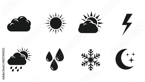 Weather icons depicting sun clouds rain snow lightning and a crescent moon