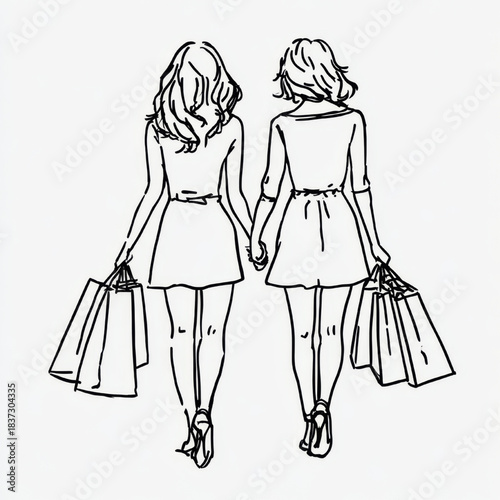  Outline drawing of two girlfriends with a happy and carefree mood carrying paper bags after shopping against a white background