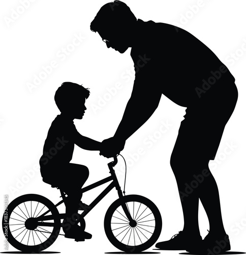 Father teaches child to ride a bicycle silhouette against a white background