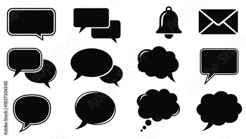 Collection of various black speech bubbles notification bell and envelope icons